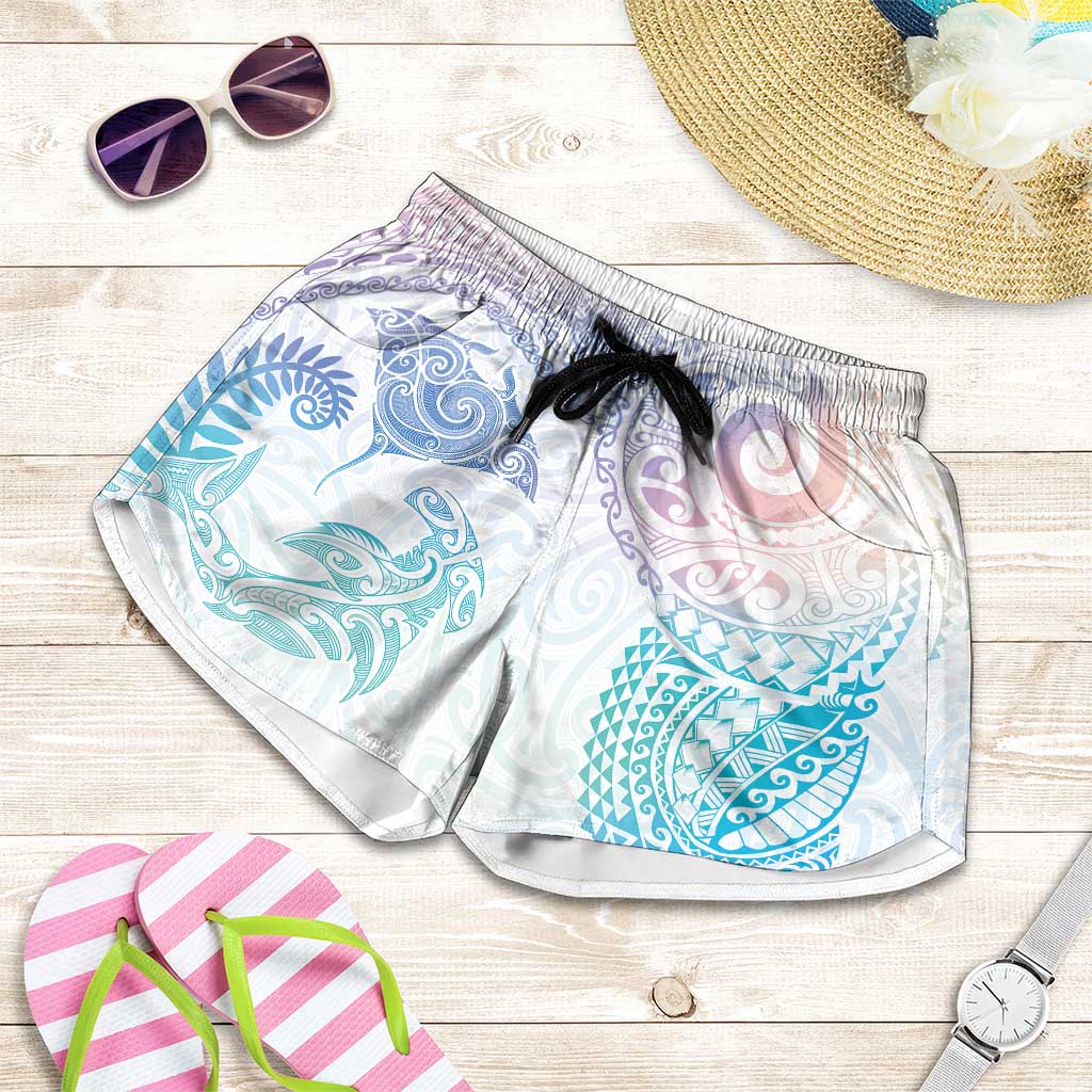 Aotearoa Maori Sea Animals Tribal Shorts for Women Manta Ray and Shark Moko Pattern Sweet Pastel