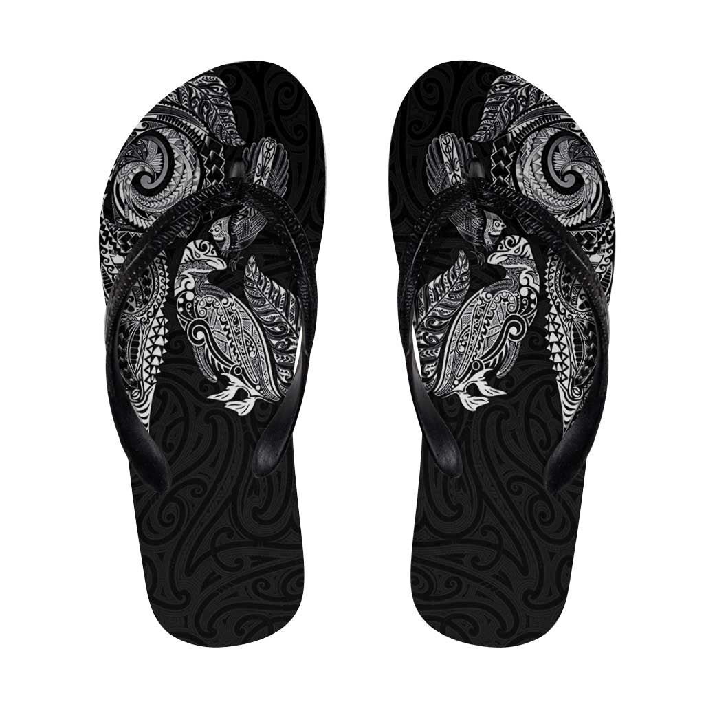 Aotearoa Moko Tribal Tattoo Flip Flops New Zealand Maori Penguin and Fantail Black Color