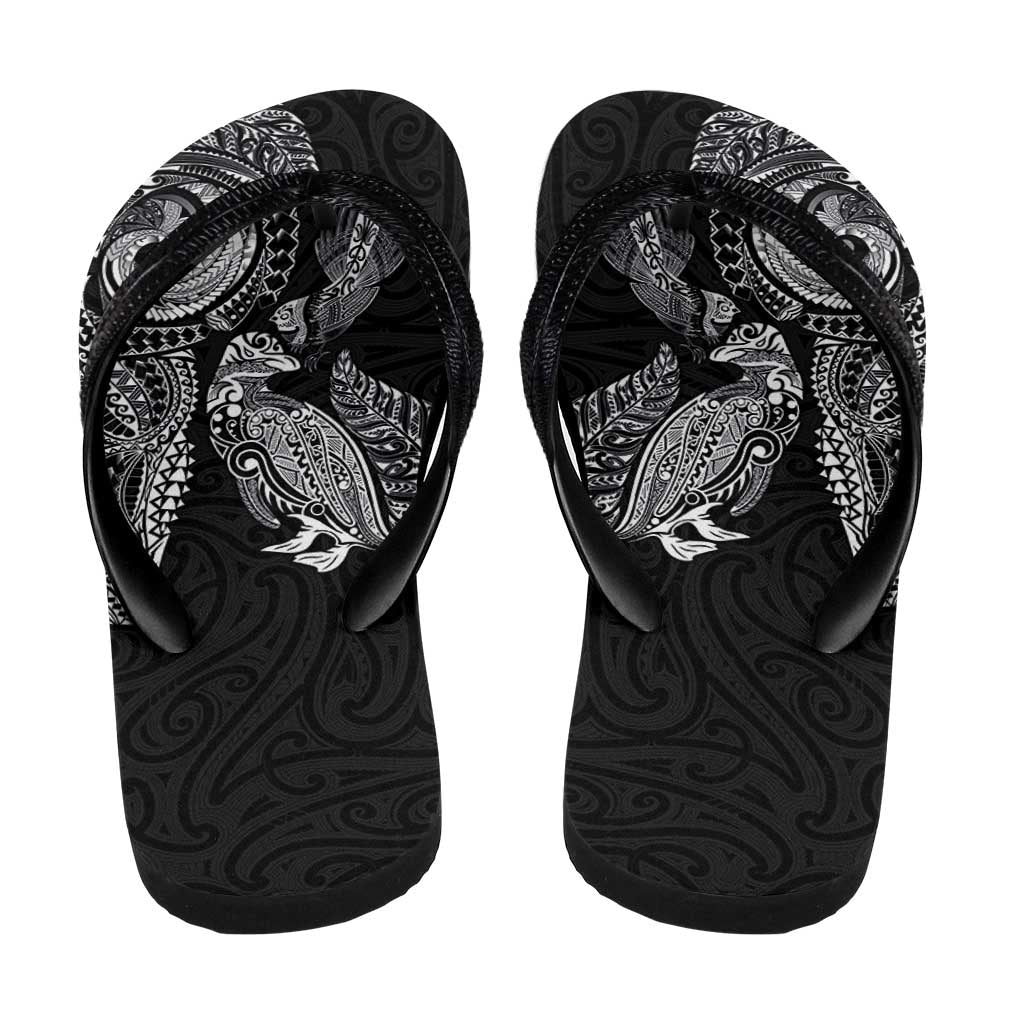 Aotearoa Moko Tribal Tattoo Flip Flops New Zealand Maori Penguin and Fantail Black Color LT03 - Polynesian Pride