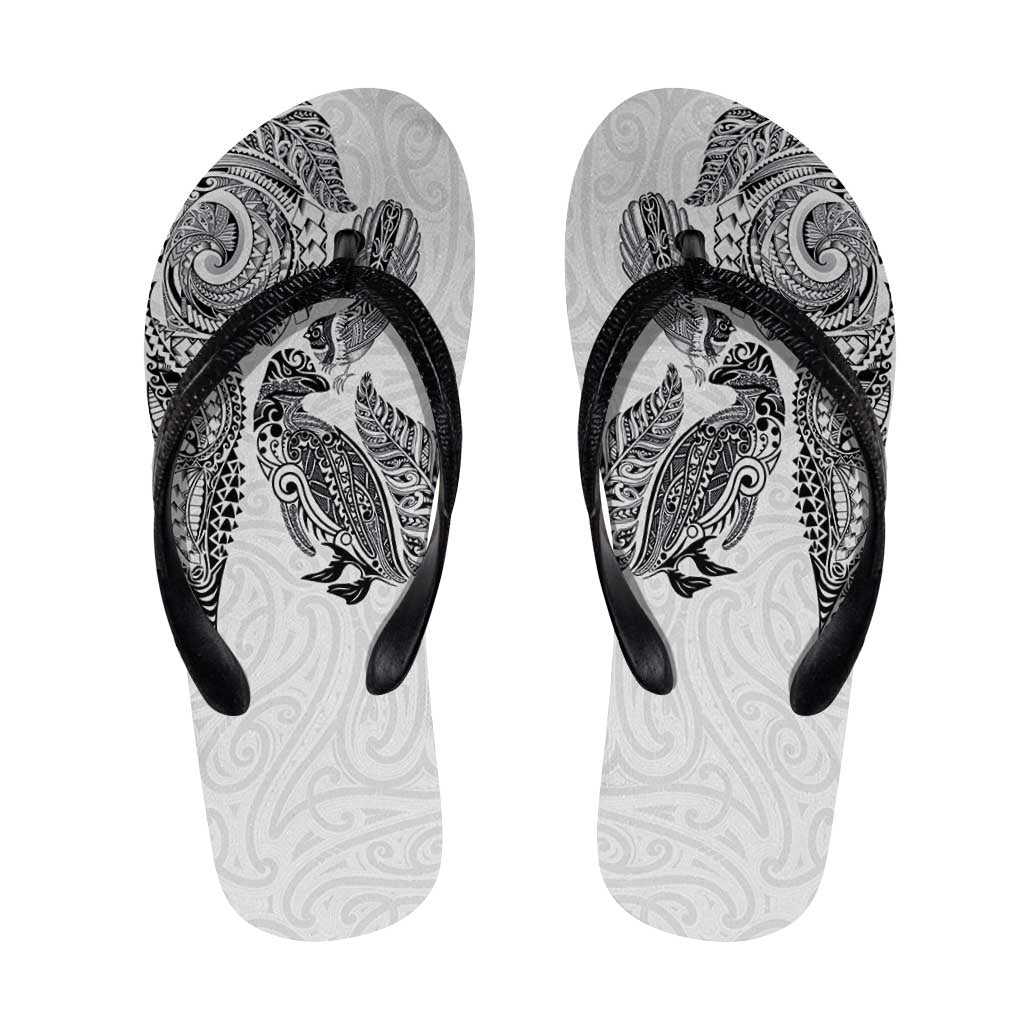 Aotearoa Moko Tribal Tattoo Flip Flops New Zealand Maori Penguin and Fantail White Color LT03 White - Polynesian Pride