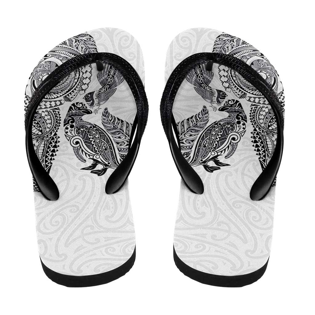 Aotearoa Moko Tribal Tattoo Flip Flops New Zealand Maori Penguin and Fantail White Color LT03 - Polynesian Pride