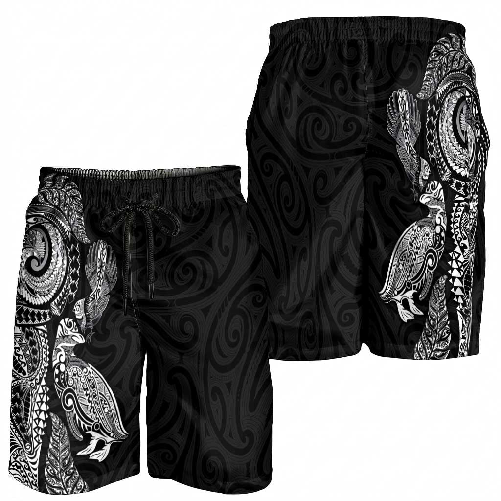 Aotearoa Moko Tribal Tattoo Shorts for Men New Zealand Maori Penguin and Fantail Black Color LT03 - Polynesian Pride