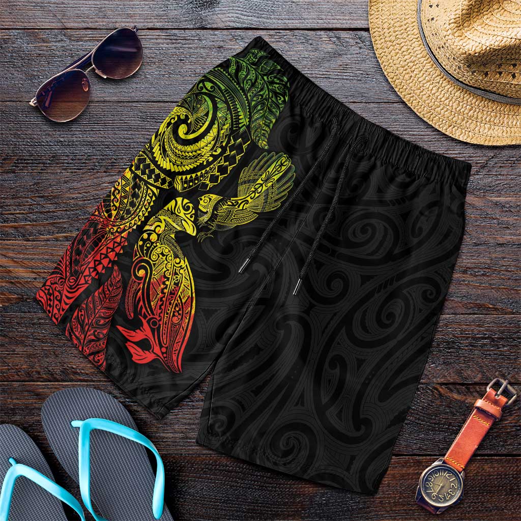 Aotearoa Moko Tribal Tattoo Shorts for Men New Zealand Maori Penguin and Fantail Reggae Style LT03 Multicolor - Polynesian Pride