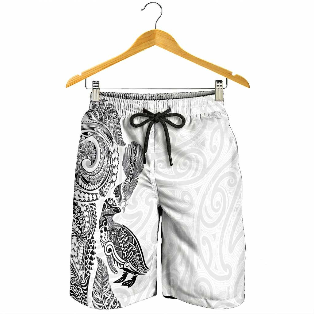 Aotearoa Moko Tribal Tattoo Shorts for Men New Zealand Maori Penguin and Fantail White Color LT03 - Polynesian Pride