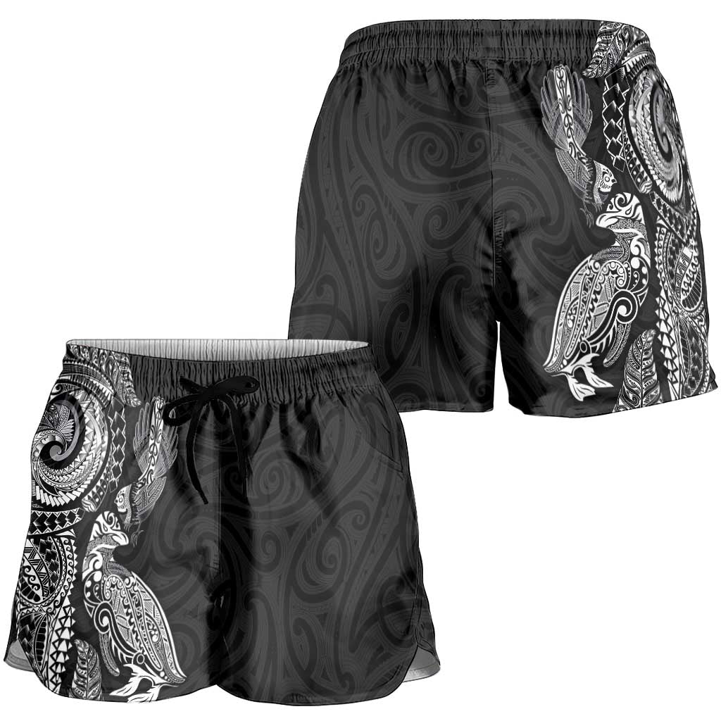 Aotearoa Moko Tribal Tattoo Shorts for Women New Zealand Maori Penguin and Fantail Black Color LT03 - Polynesian Pride