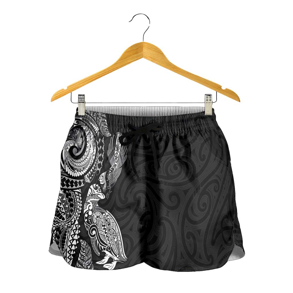 Aotearoa Moko Tribal Tattoo Shorts for Women New Zealand Maori Penguin and Fantail Black Color LT03 - Polynesian Pride