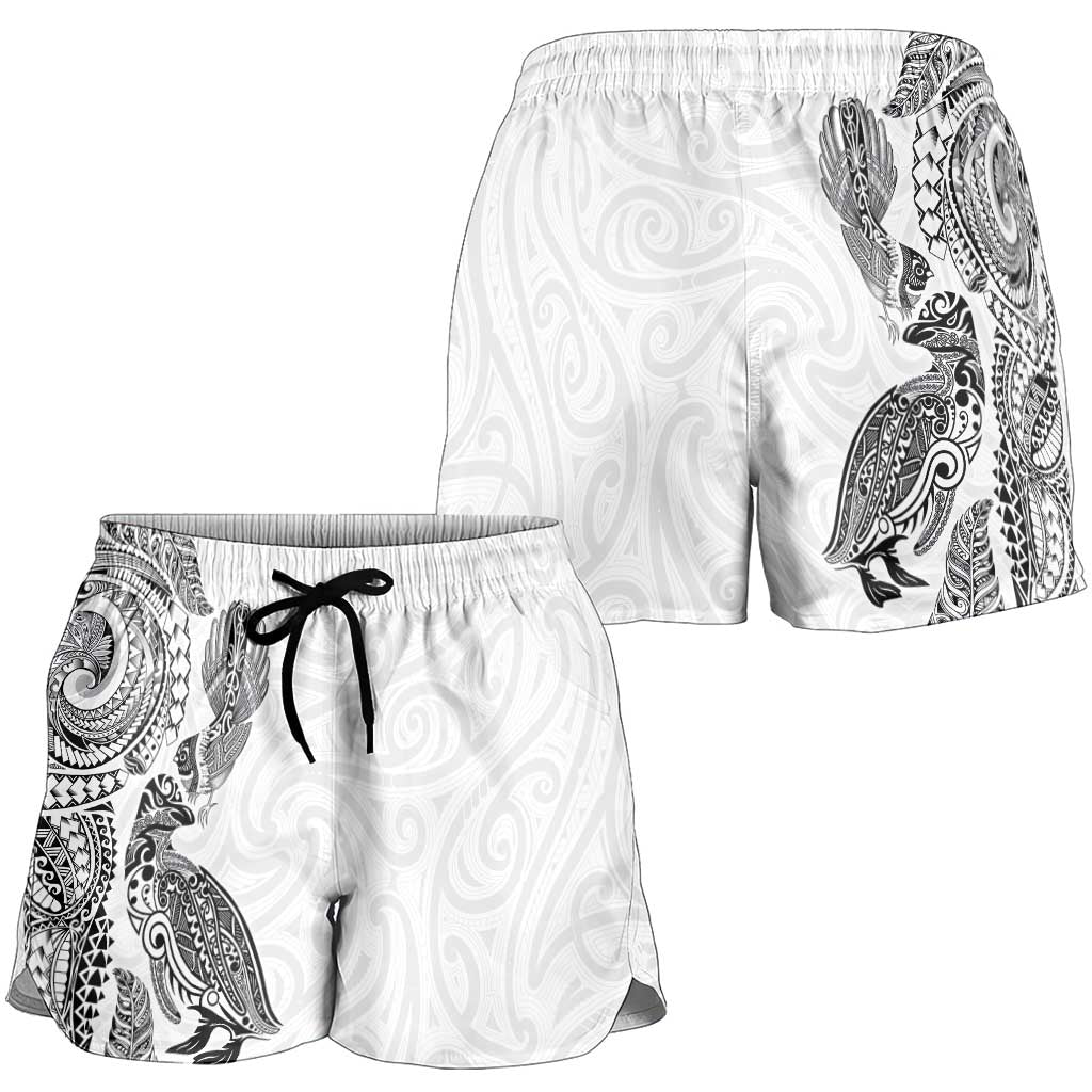 Aotearoa Moko Tribal Tattoo Shorts for Women New Zealand Maori Penguin and Fantail White Color LT03 - Polynesian Pride