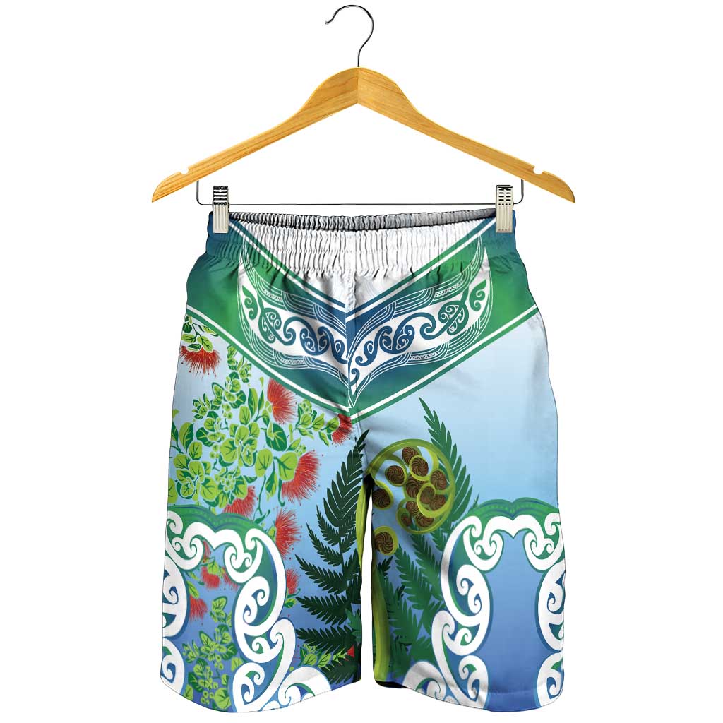 Aotearoa New Zealand Natural Plants Shorts for Men Pohutukawa with Silver Ferns Koru Frond Maori Tattoos LT03 - Polynesian Pride