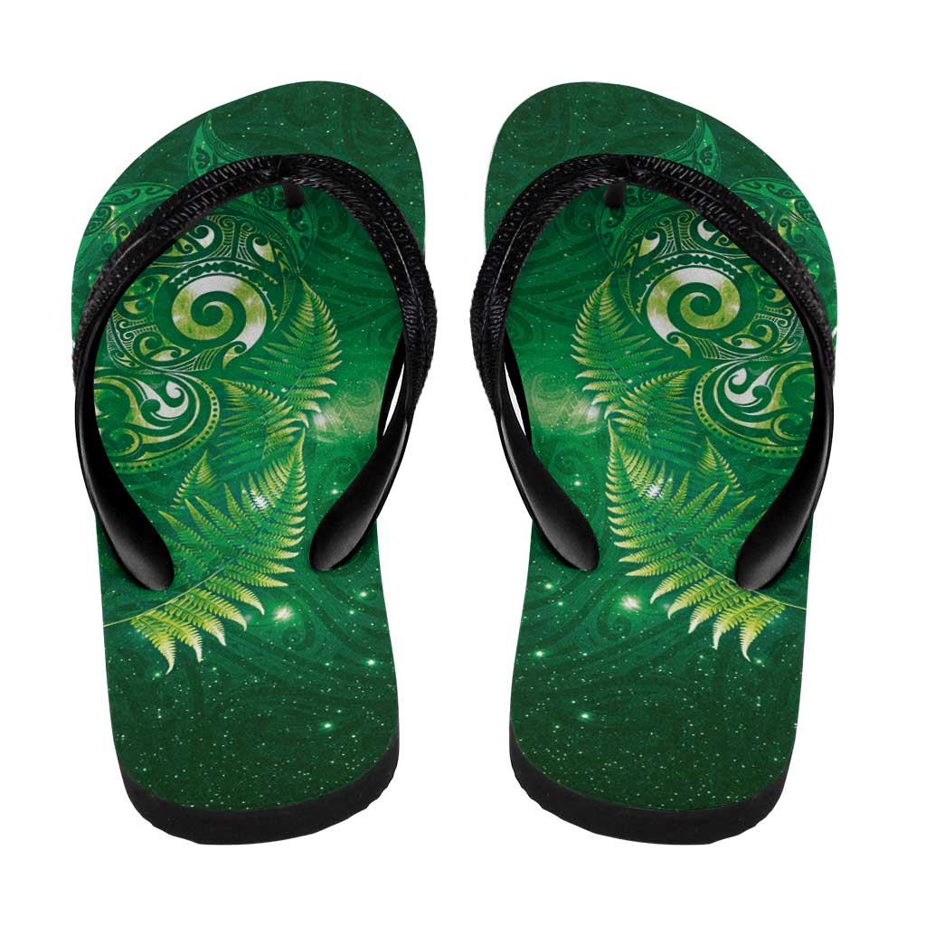 Aotearoa New Zealand New Year Flip Flops Tribal Koru Tattoo Green Galaxy Maori Silver Fern