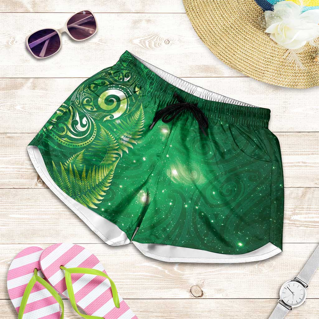 Aotearoa New Zealand New Year Shorts for Women Tribal Koru Tattoo Green Galaxy Maori Silver Fern