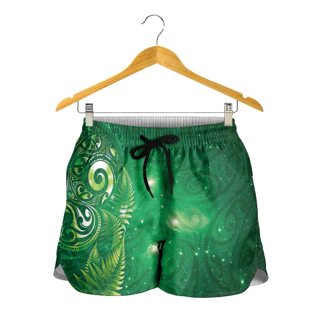 Aotearoa New Zealand New Year Shorts for Women Tribal Koru Tattoo Green Galaxy Maori Silver Fern LT03 - Polynesian Pride