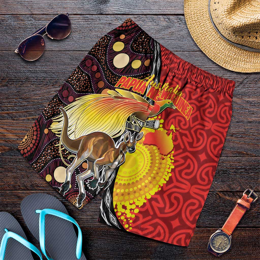 Australia and Papua New Guinea Together Shorts for Men Bird-of-paradise and Kangaroo with Oro Tapa and Aboriginal Art Motifs LT03 Black - Polynesian Pride