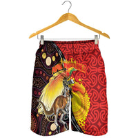 Australia and Papua New Guinea Together Shorts for Men Bird-of-paradise and Kangaroo with Oro Tapa and Aboriginal Art Motifs LT03 - Polynesian Pride