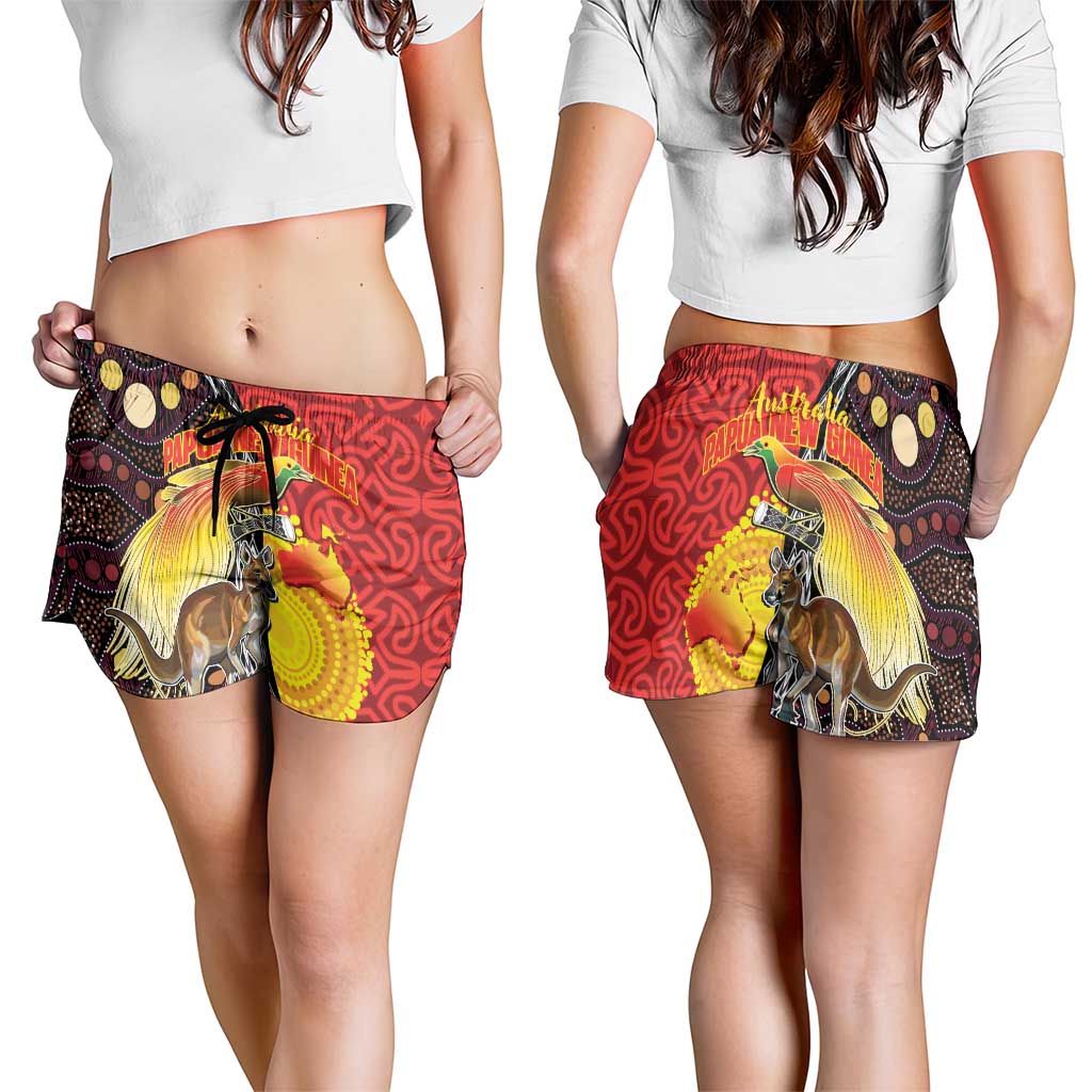 Australia and Papua New Guinea Together Shorts for Women Bird-of-paradise and Kangaroo with Oro Tapa and Aboriginal Art Motifs LT03 - Polynesian Pride