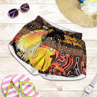 Australia and Papua New Guinea Together Shorts for Women Kangaroo Aboriginal Art and Bird-of-paradise Oro Tribal Motifs LT03 Black - Polynesian Pride