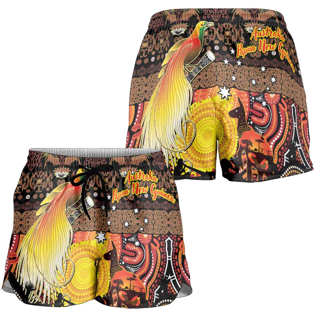 Australia and Papua New Guinea Together Shorts for Women Kangaroo Aboriginal Art and Bird-of-paradise Oro Tribal Motifs LT03 - Polynesian Pride