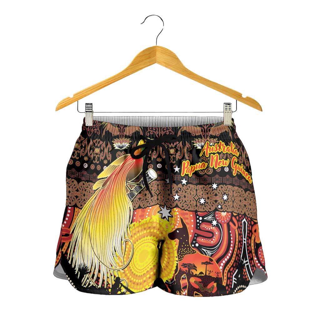 Australia and Papua New Guinea Together Shorts for Women Kangaroo Aboriginal Art and Bird-of-paradise Oro Tribal Motifs LT03 - Polynesian Pride