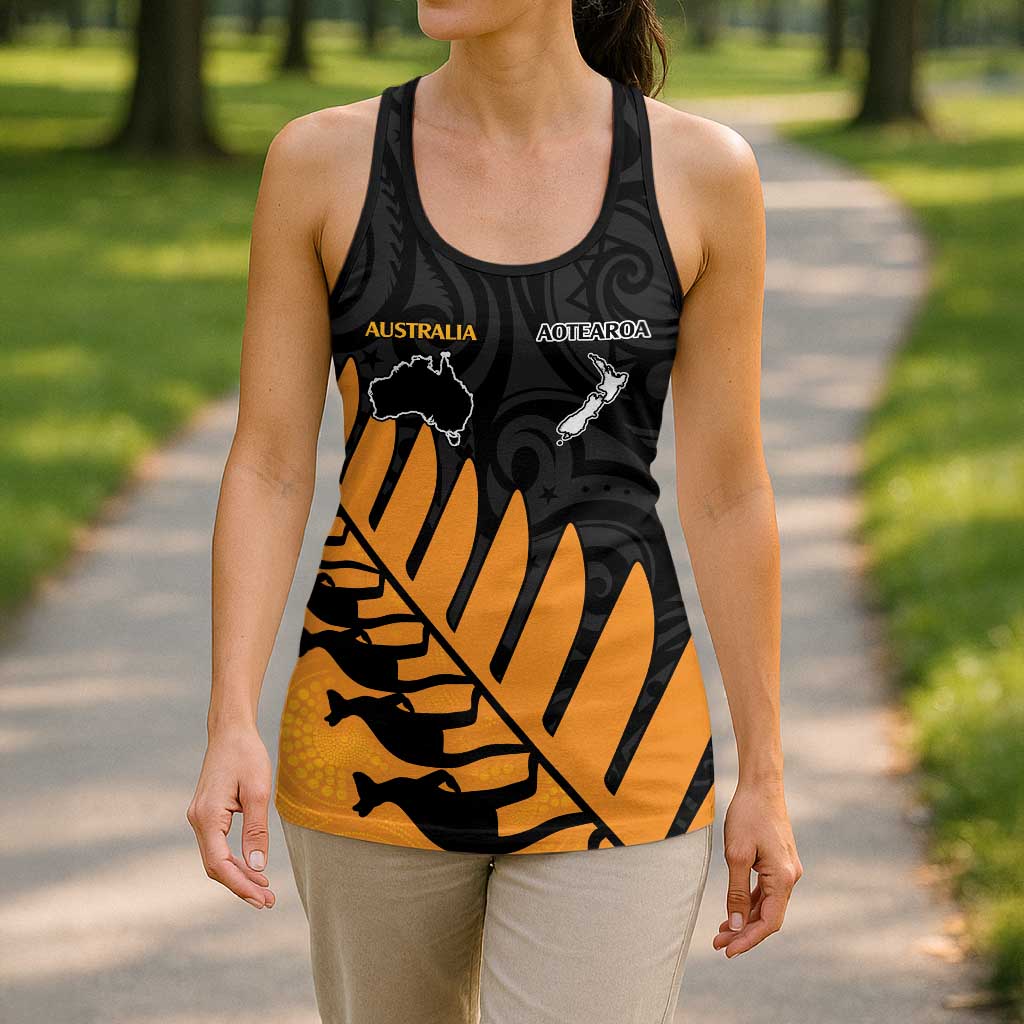 Australia New Zealand Rugby Hollow Tank Top Gold Aboriginal Wallabies and Maori Black Fern - Polynesian Pride