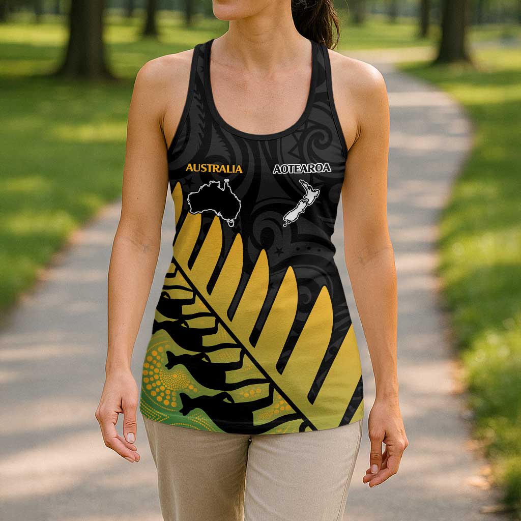 Australia New Zealand Rugby Hollow Tank Top Gradient Aboriginal Wallabies and Maori Black Fern - Polynesian Pride