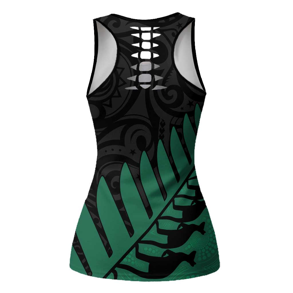 Australia New Zealand Rugby Hollow Tank Top Green Aboriginal Wallabies and Maori Black Fern - Polynesian Pride