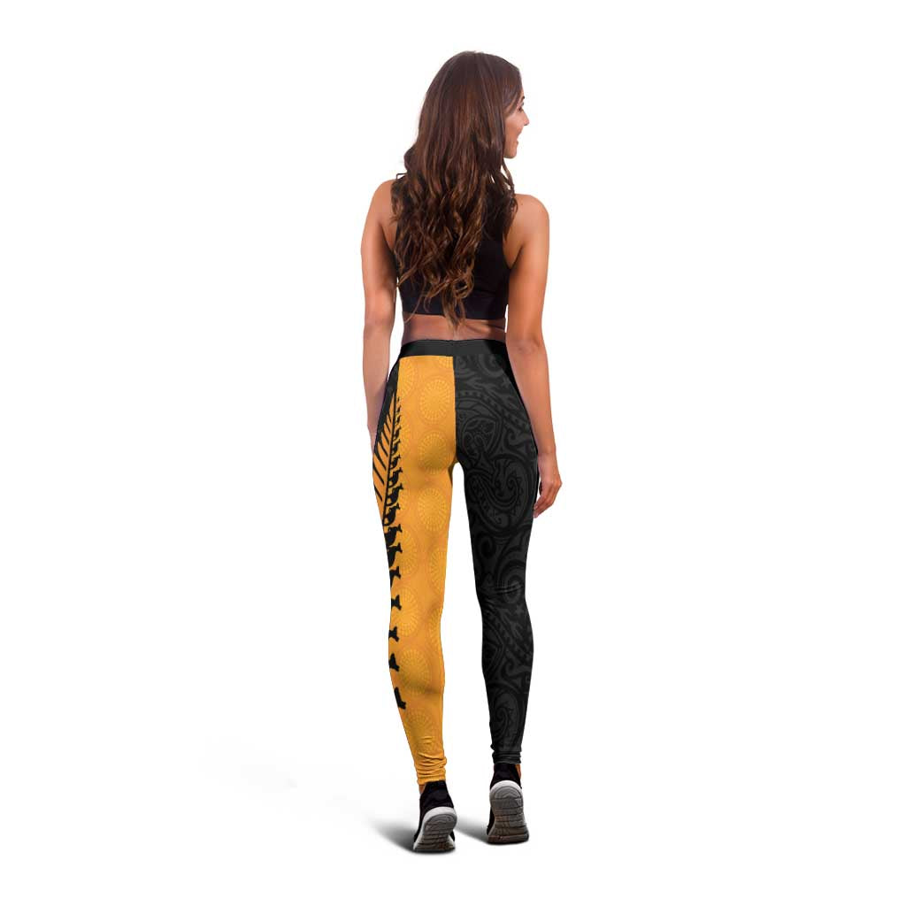 Australia New Zealand Rugby Leggings Gold Aboriginal Wallabies and Maori Black Fern - Polynesian Pride