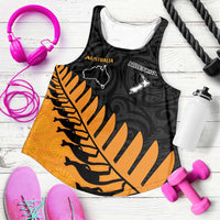 Australia New Zealand Rugby Women Racerback Tank Gold Aboriginal Wallabies and Maori Black Fern LT9 Gold - Polynesian Pride