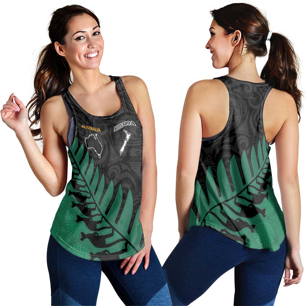 Australia New Zealand Rugby Women Racerback Tank Green Aboriginal Wallabies and Maori Black Fern LT9 - Polynesian Pride