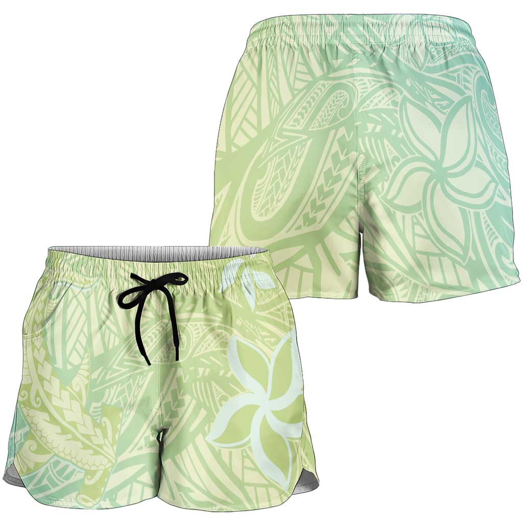 Baby Green Gradient Polynesia Shorts for Women Hawaiian Tribal Hammerhead Shark Tattoo - Polynesian Pride