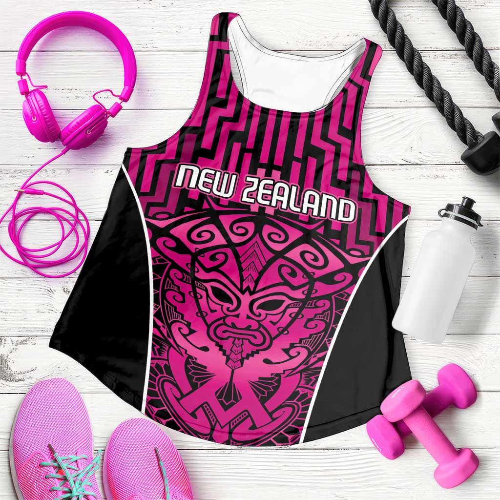 Basketball New Zealand Women Racerback Tank Pink Maori Ta Moko Indigenous - Polynesian Pride