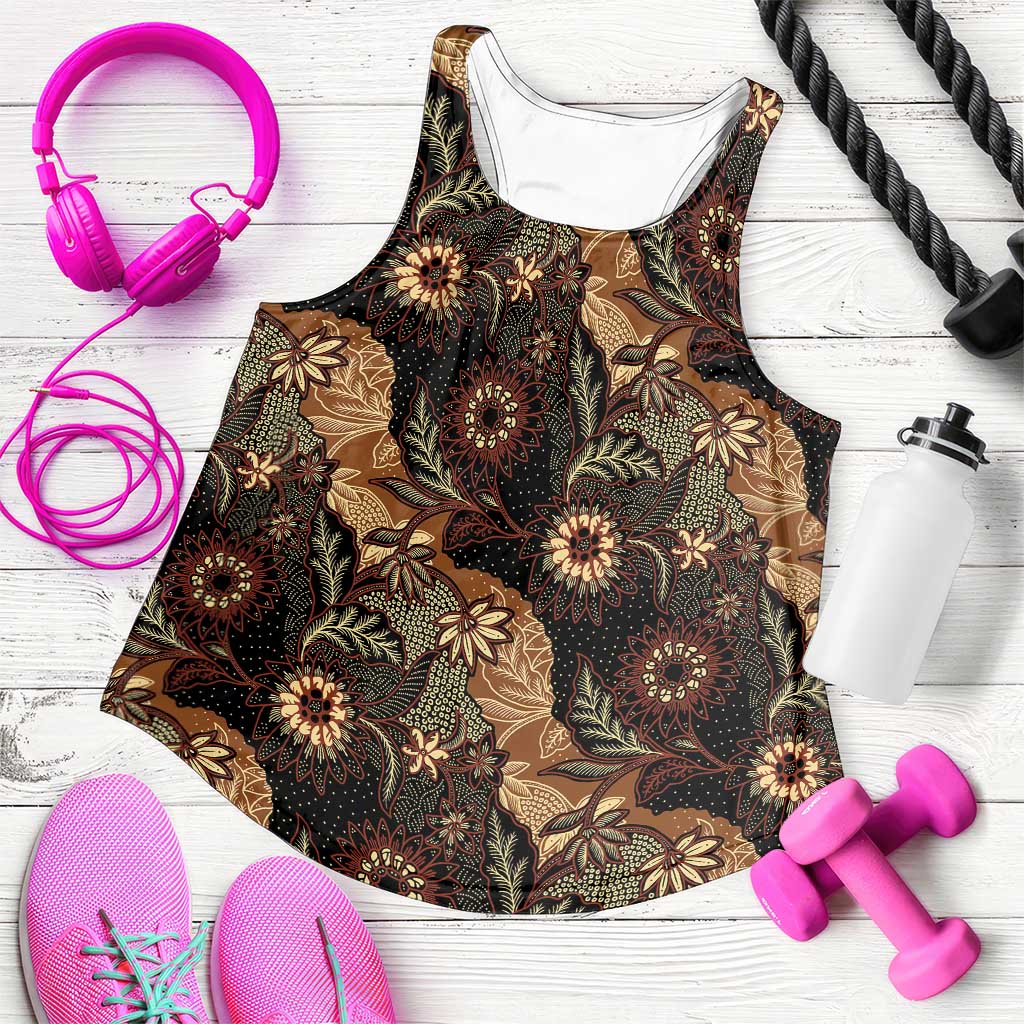 Batik Pedalaman Semen Lereng Style Women Racerback Tank Indonesian Traditional Pattern LT01 Black - Polynesian Pride