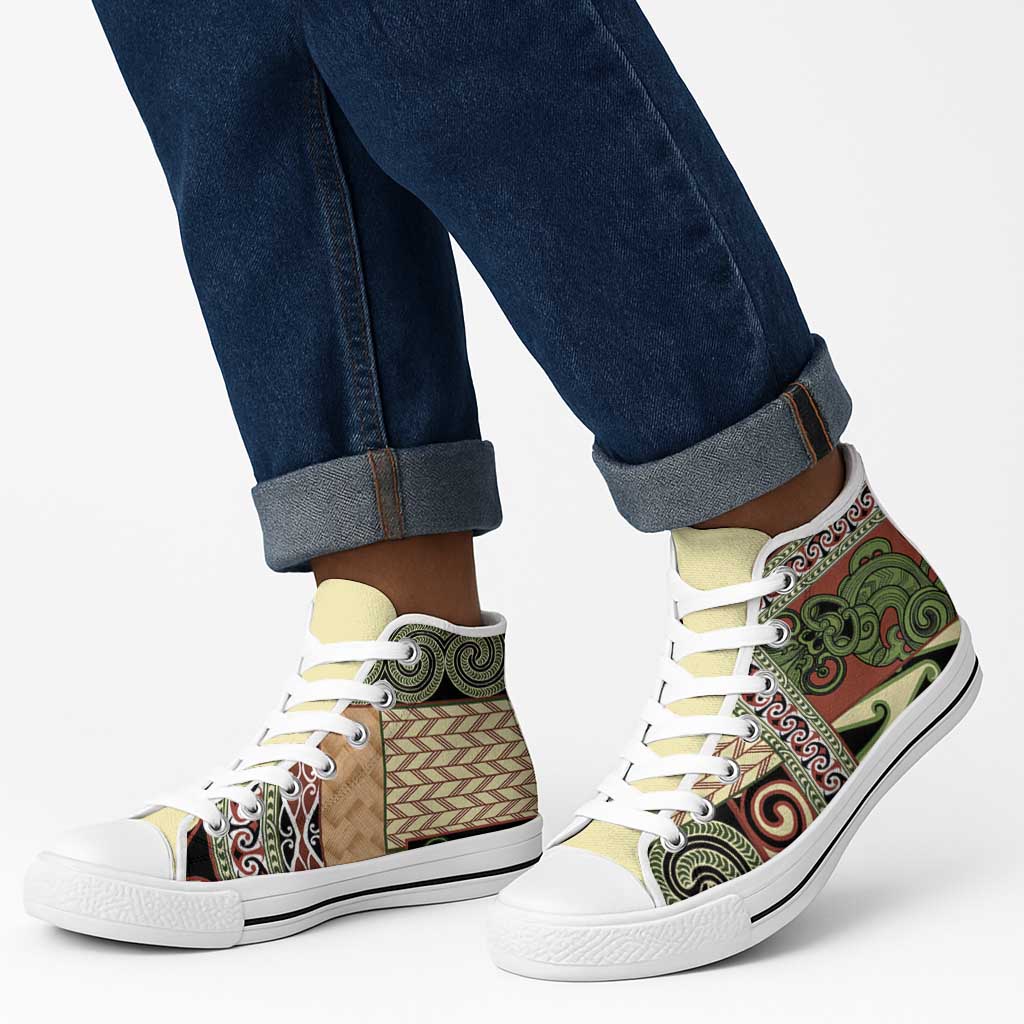 Beige Aotearoa Kowhaiwhai Pattern High Top Shoes NZ Maori Quilt Style - Polynesian Pride