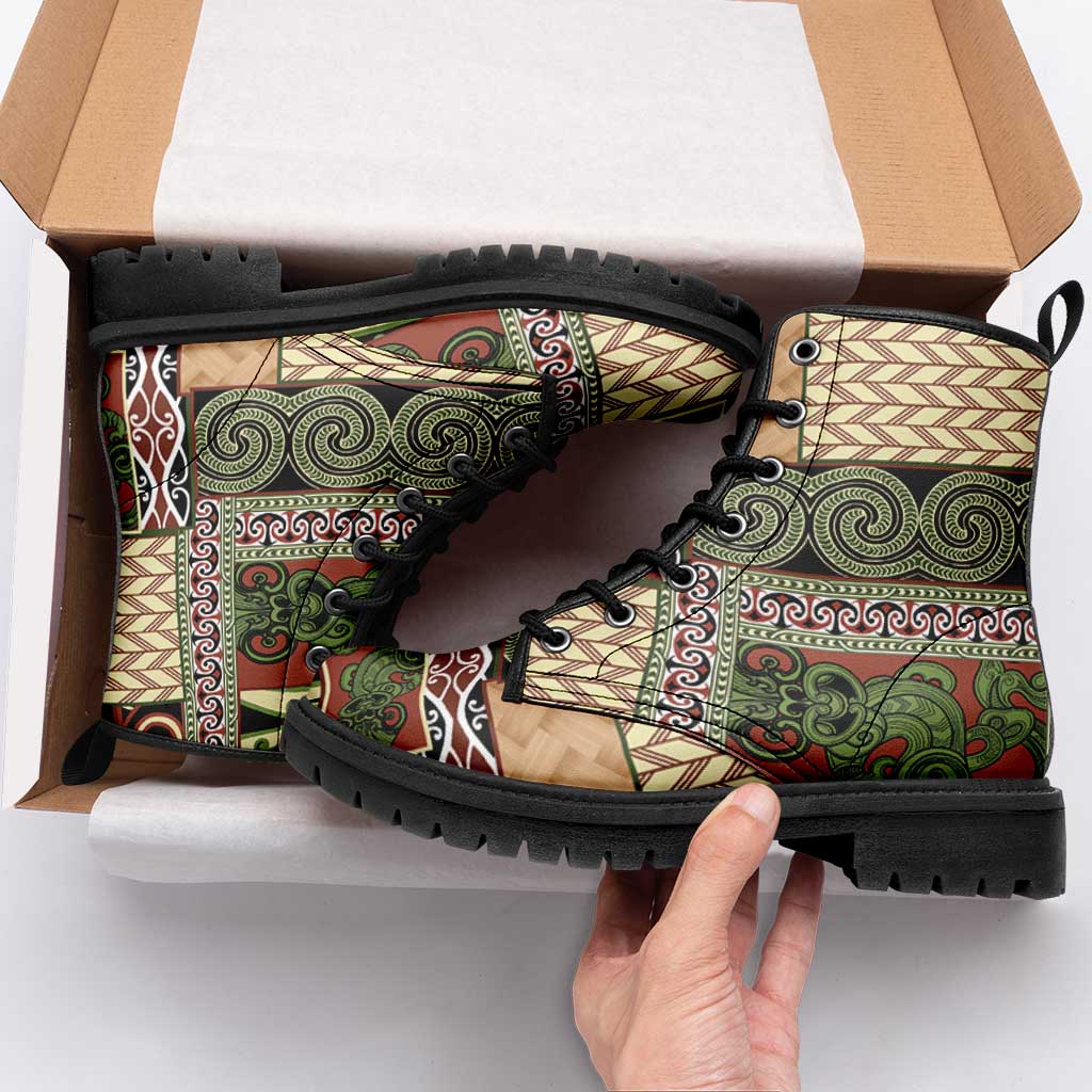 Beige Aotearoa Kowhaiwhai Pattern Leather Boots NZ Maori Quilt Style - Polynesian Pride