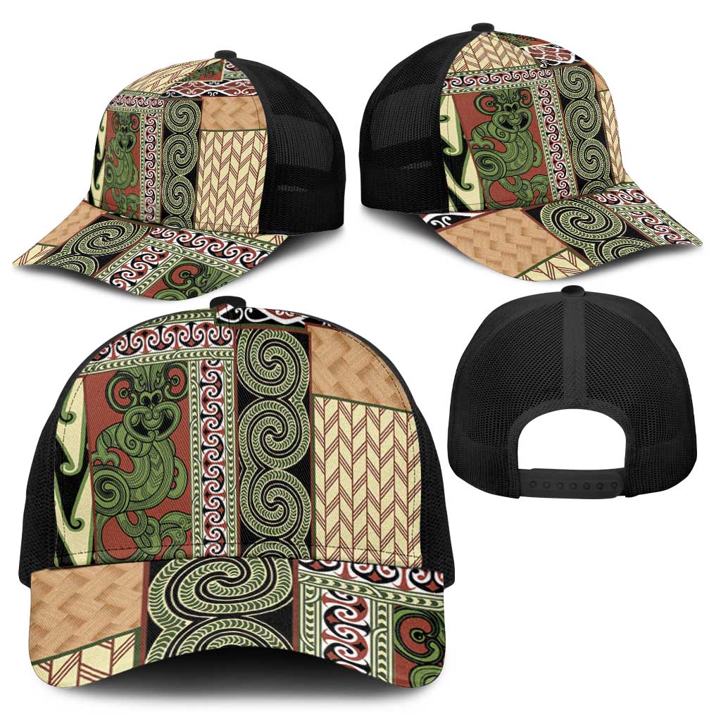 Beige Aotearoa Kowhaiwhai Pattern Mesh Trucker Cap NZ Maori Quilt Style - Polynesian Pride