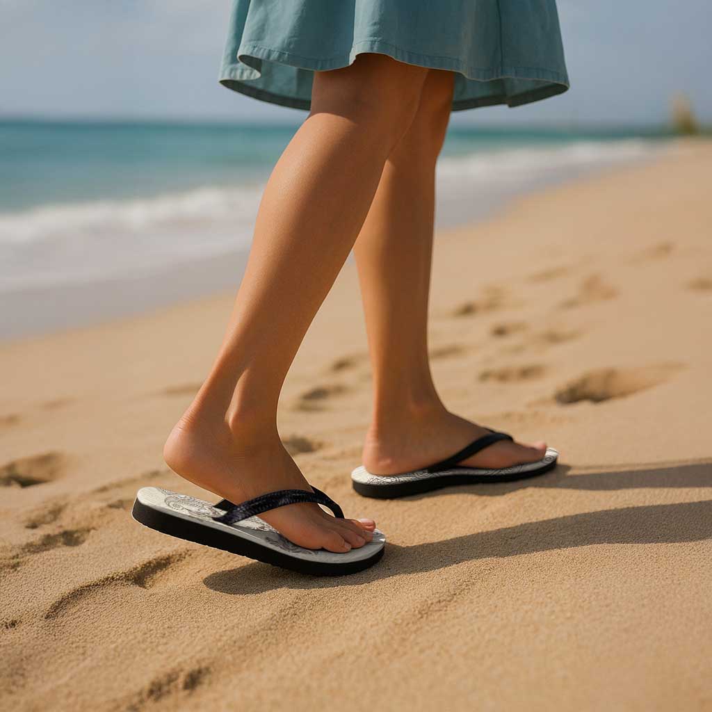 Beige Hawaii Flip Flops Hammerhead Shark Tattoo Curve Polynesian - Polynesian Pride