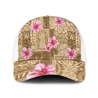 Beige Hawaii Hibiscus With Tropical Flowers Motifs Mesh Trucker Cap LT14 One Size White Beige - Polynesian Pride