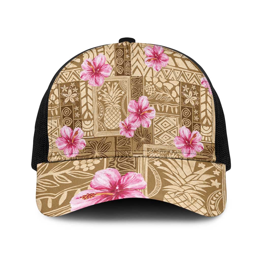 Beige Hawaii Hibiscus With Tropical Flowers Motifs Mesh Trucker Cap LT14 One Size Black Beige - Polynesian Pride