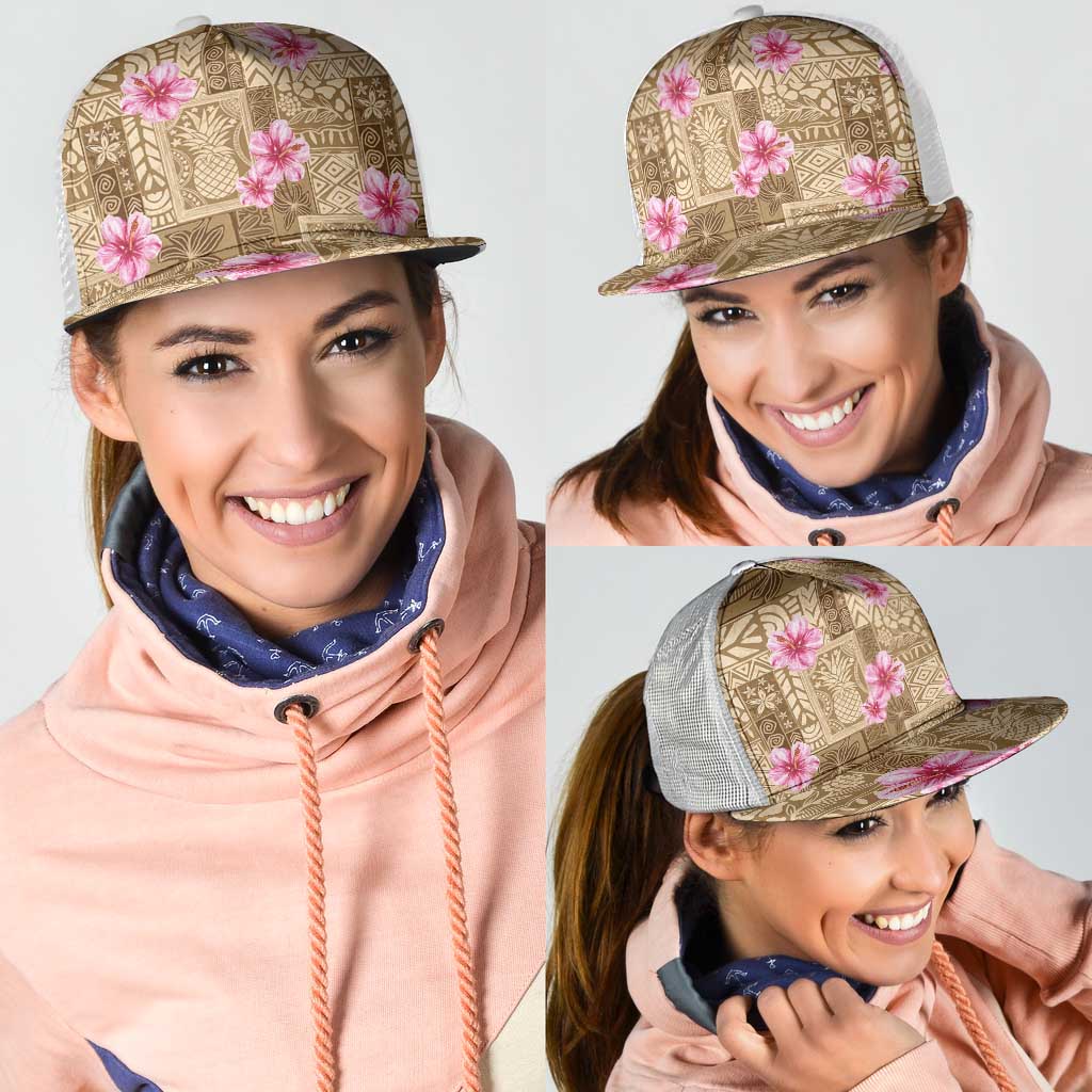Beige Hawaii Hibiscus With Tropical Flowers Motifs Mesh Trucker Cap LT14 - Polynesian Pride