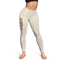 Beige Hawaii Leggings Hammerhead Shark Tattoo Curve Polynesian - Polynesian Pride