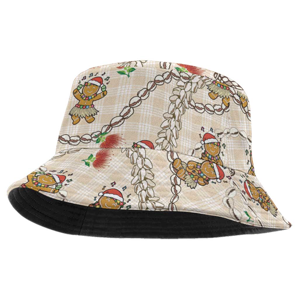 Beige Palaka Hawaii Mele Kalikimaka Bucket Hat Ohia Lehua Shell Leis Funny Gingerbread Santa - Polynesian Pride