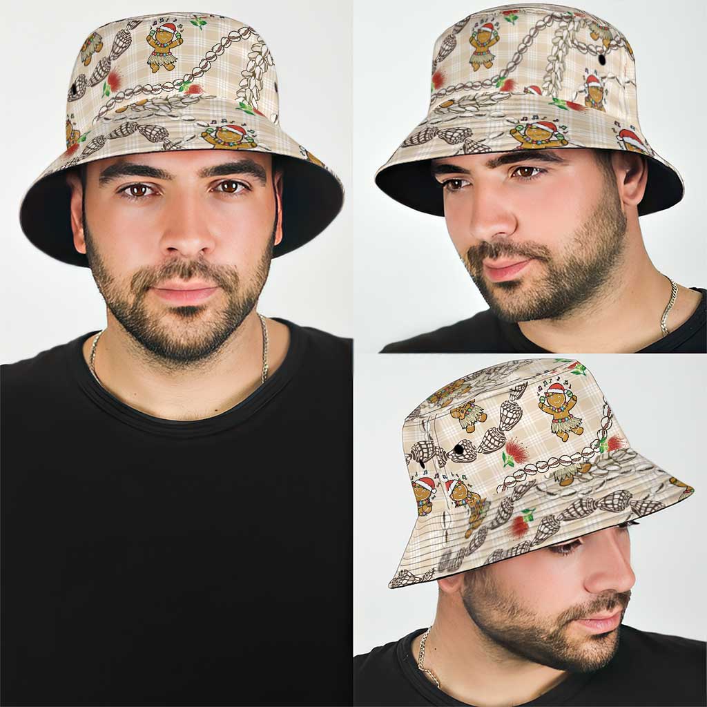 Beige Palaka Hawaii Mele Kalikimaka Bucket Hat Ohia Lehua Shell Leis Funny Gingerbread Santa - Polynesian Pride