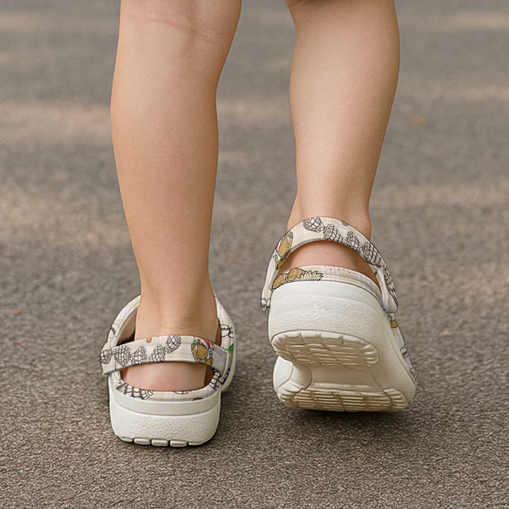 Beige Palaka Hawaii Mele Kalikimaka Clogs Shoes Ohia Lehua Shell Leis Funny Gingerbread Santa - Polynesian Pride