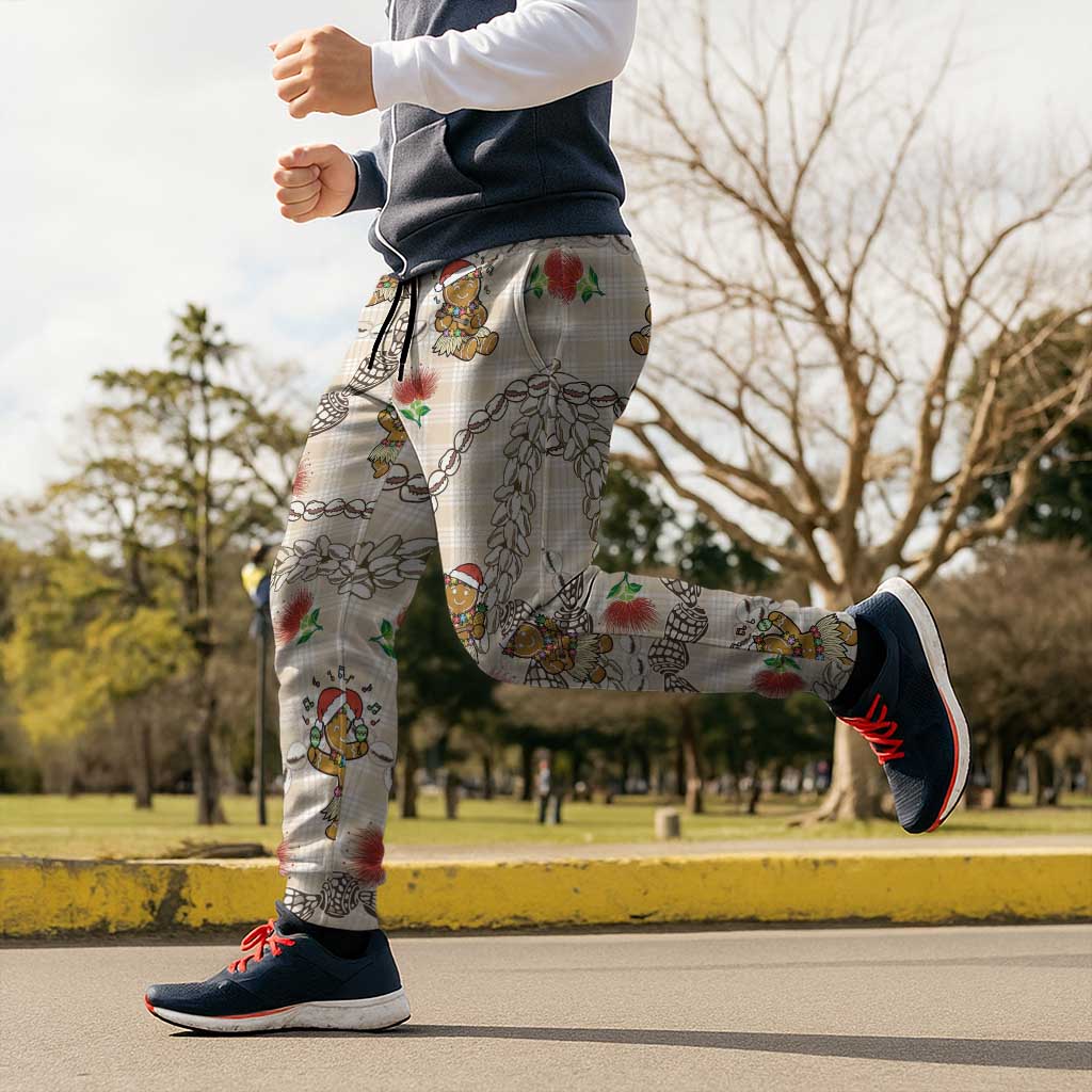 Beige Palaka Hawaii Mele Kalikimaka Jogger Pants Ohia Lehua Shell Leis Funny Gingerbread Santa - Polynesian Pride