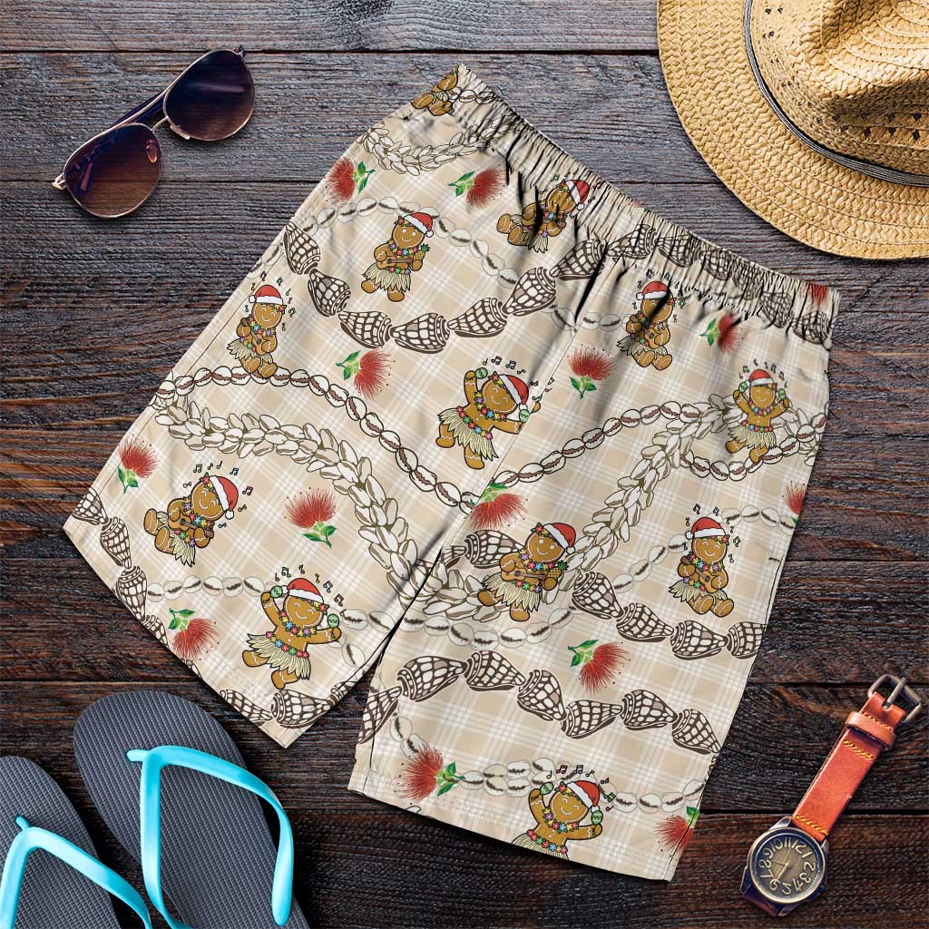 Beige Palaka Hawaii Mele Kalikimaka Shorts for Men Ohia Lehua Shell Leis Funny Gingerbread Santa - Polynesian Pride