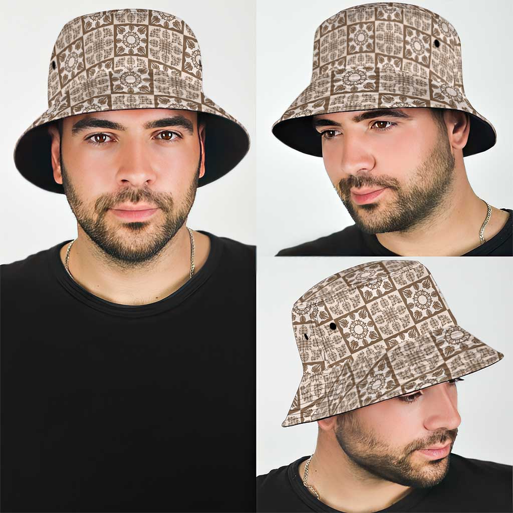 Beige Palaka Quilt Hawaii Bucket Hat Hawaiian Tropical Monstera Sea Turtle