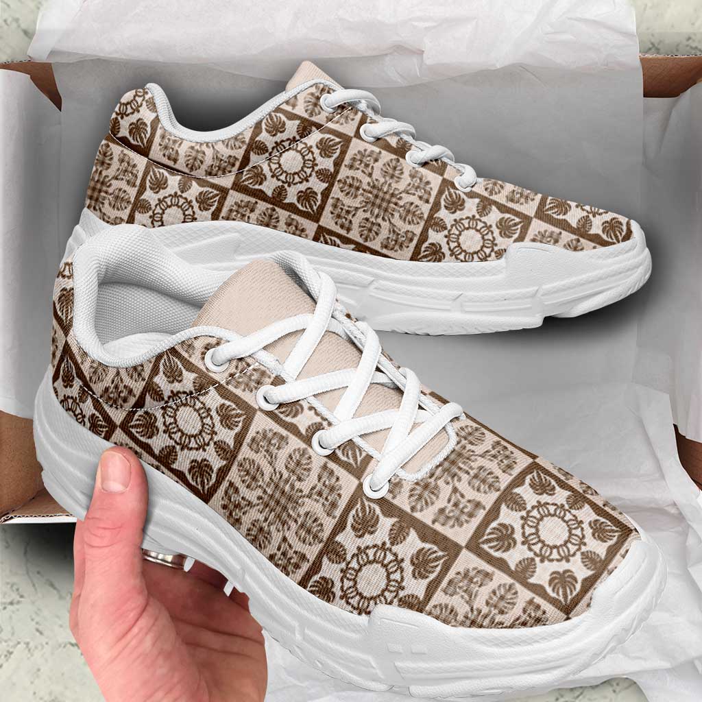 Beige Palaka Quilt Hawaii Chunky Sneakers Hawaiian Tropical Monstera Sea Turtle