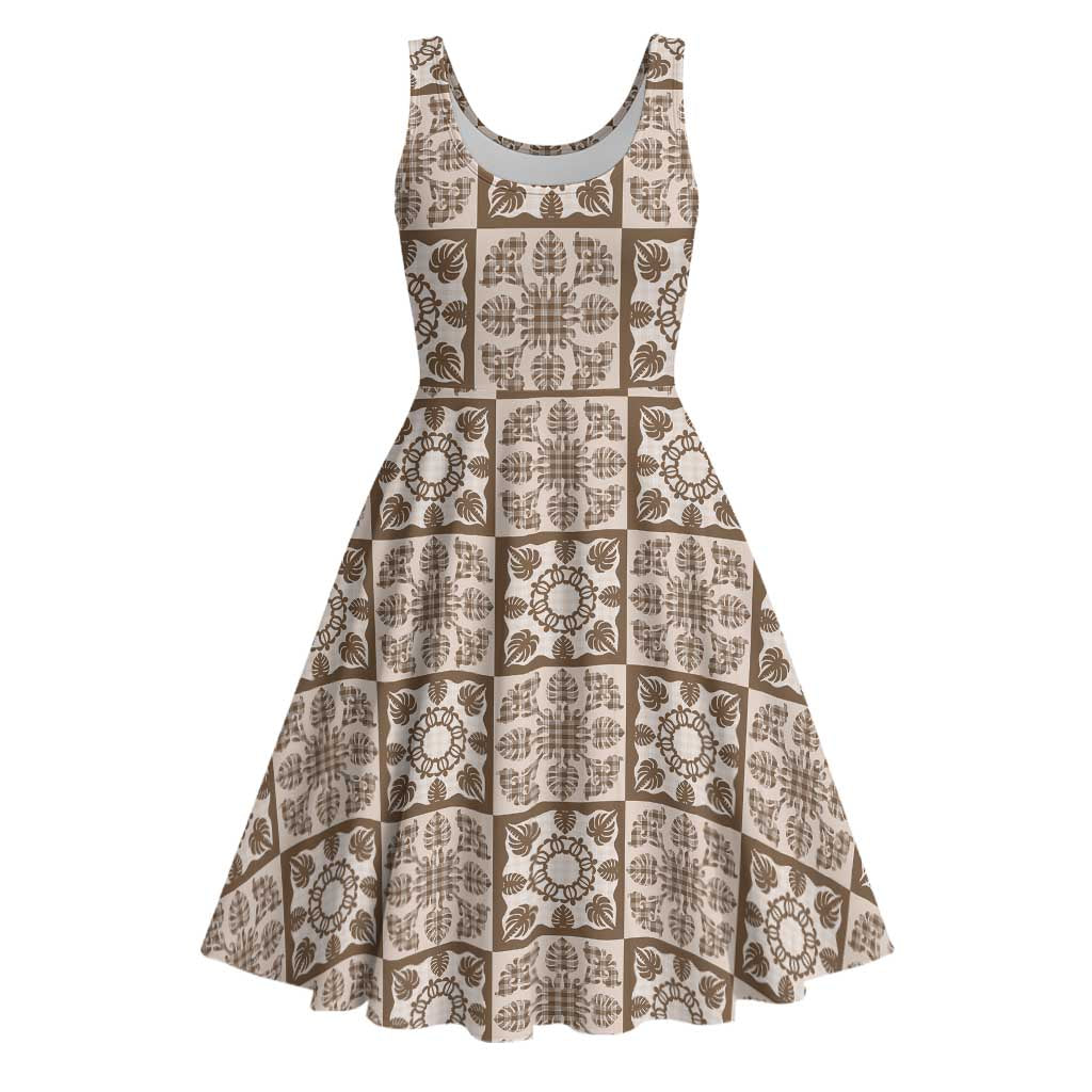 Beige Palaka Quilt Hawaii Midi Dress Hawaiian Tropical Monstera Sea Turtle