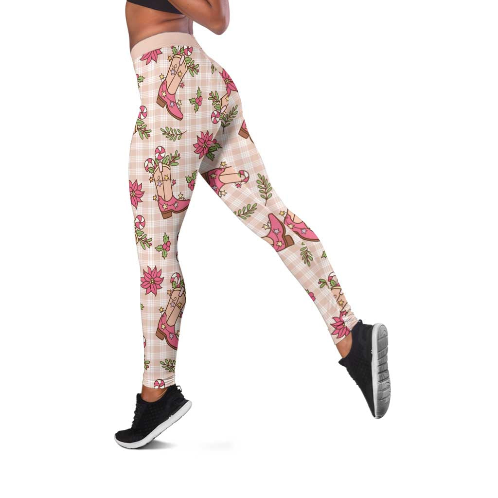 Beige Paniolo Palaka Hawaiian Cowgirl Christmas Leggings - Polynesian Pride