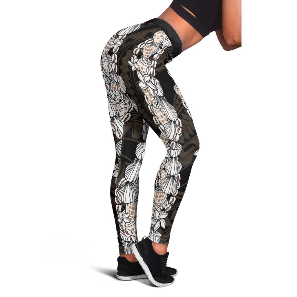 Black and Beige Hawaii Shell Lei Leggings Hawaiian Sunrise Shell Hebrew Cone Plumeria - Polynesian Pride