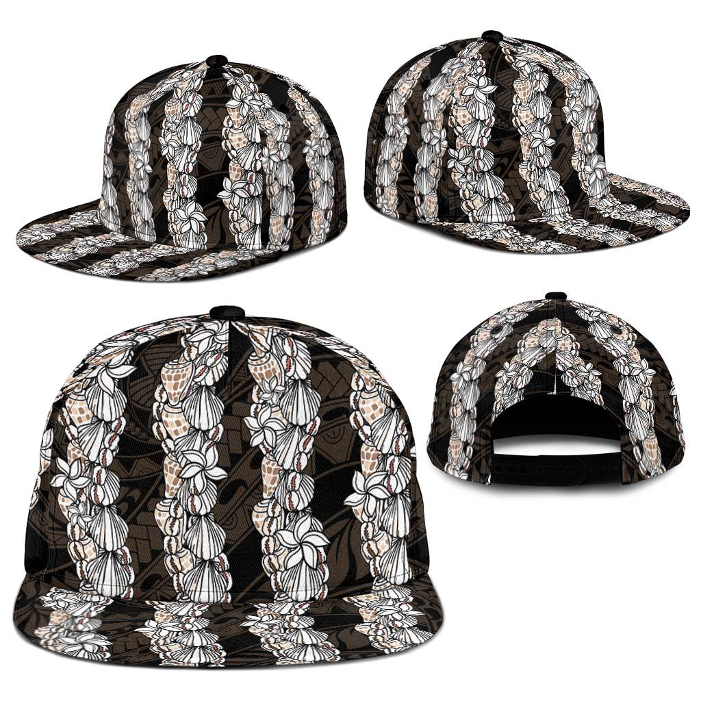 Black and Beige Hawaii Shell Lei Snapback Cap Hawaiian Sunrise Shell Hebrew Cone Plumeria - Polynesian Pride
