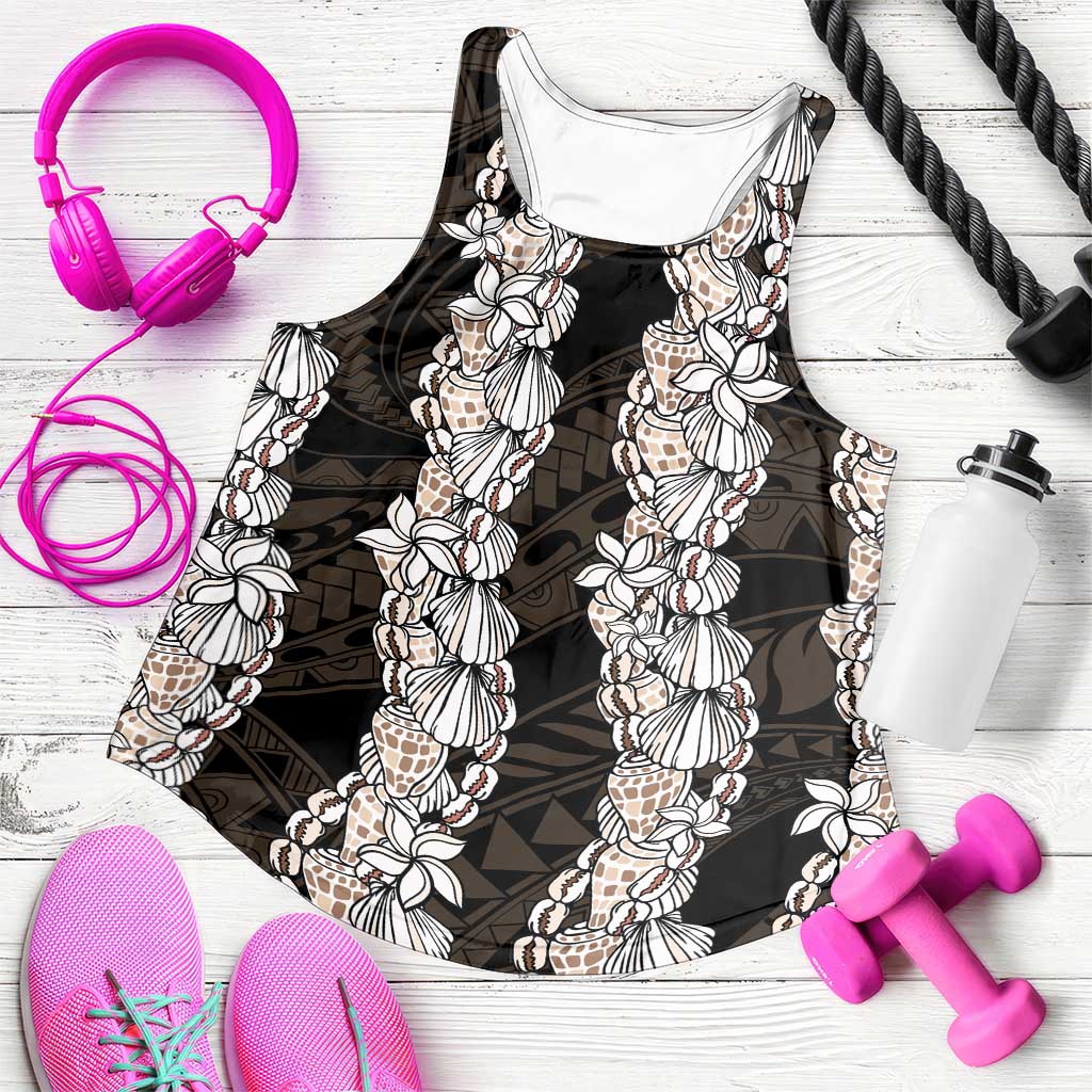 Black and Beige Hawaii Shell Lei Women Racerback Tank Hawaiian Sunrise Shell Hebrew Cone Plumeria LT14 Black - Polynesian Pride